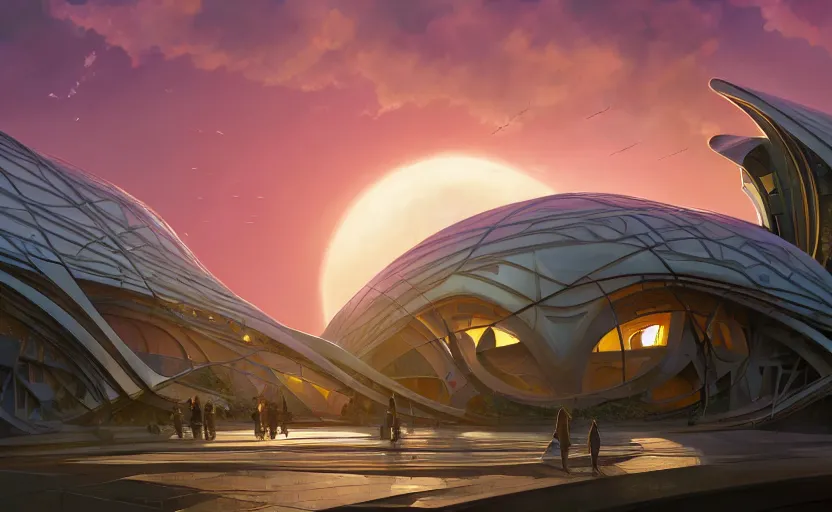 Image similar to exterior shot of utopian architecture school with cinematic lighting by zaha hadid and renzo piano, darek zabrocki and greg ruthkowski, alphonse mucha, simon stalenhag, cinematic, paradise, scifi, futurism, atmospheric, sunset, concept art, artstation, trending on artstation