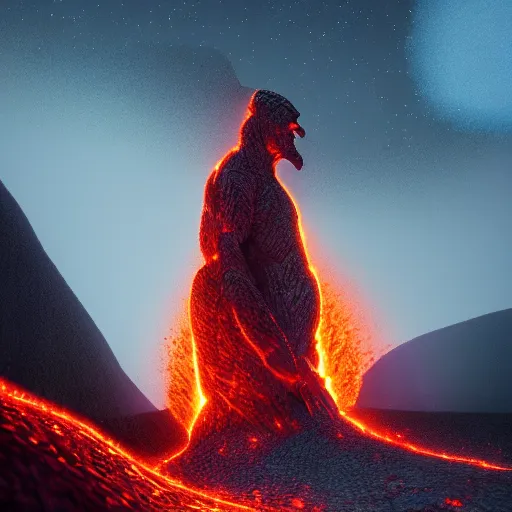 Image similar to a lava man on a winter biome outraging to the camera, cinematic, artistic, cool pose, heatwave, fantasy, hyper realism, behance, artstation, unreal engine 5, octane, deviantart