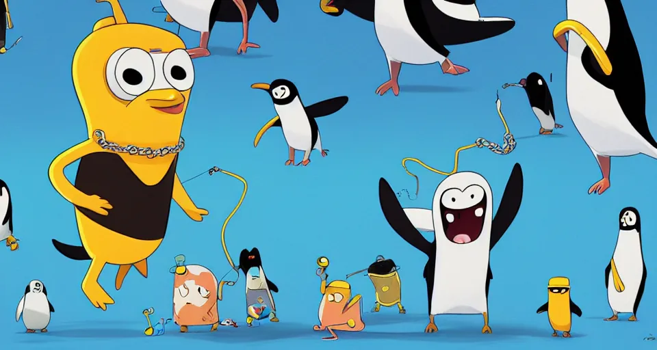 Image similar to cartoon penguins in speedos, wearing gold chains, partying, in the style of adventure time, the amazing world of gumball, pixar, toki doki, greg rutkowski and makoto shinkai, trending on artstation
