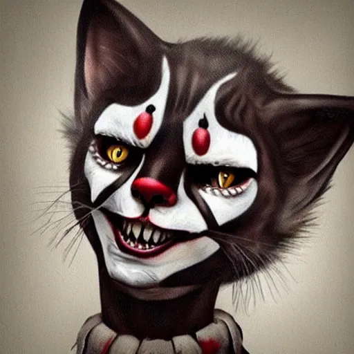 Image similar to a feline Pennywise, creepy, realistic