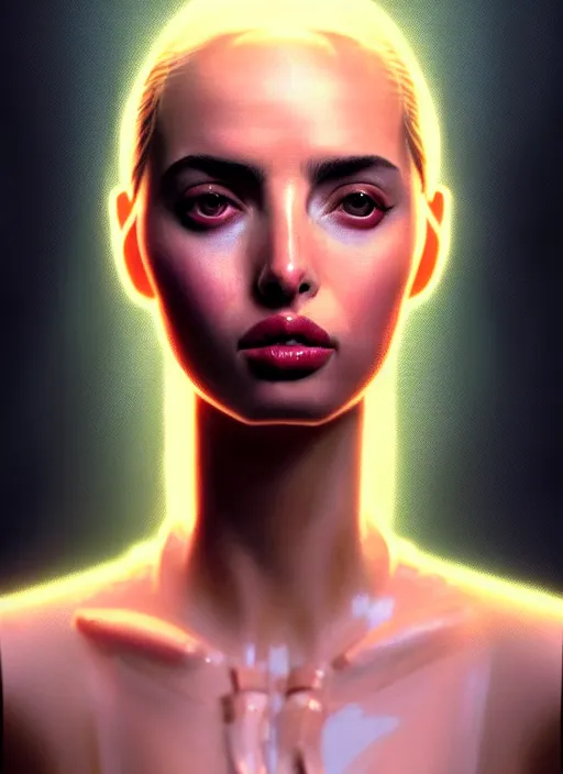 Prompt: hyper realistic zoomed out portrait of ana de armas wearing clothes from the fifth element, rachael rosen from blade runner, by hsiao ron cheng, ngai victo, nivanh chanthara jean delville wlop and dougherty patrick, trending on artstation, soft light