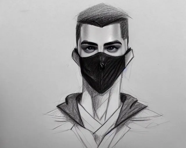 Image similar to draft drawing of a european young man with fabric mask, draft sketch, trending on artstation, context art, pencil sketch, high detail