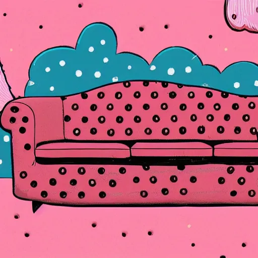 Prompt: a pink couch with orange polka dots on fire in the middle of a junkyard, illustrated, cosmic horror, smoke and ash