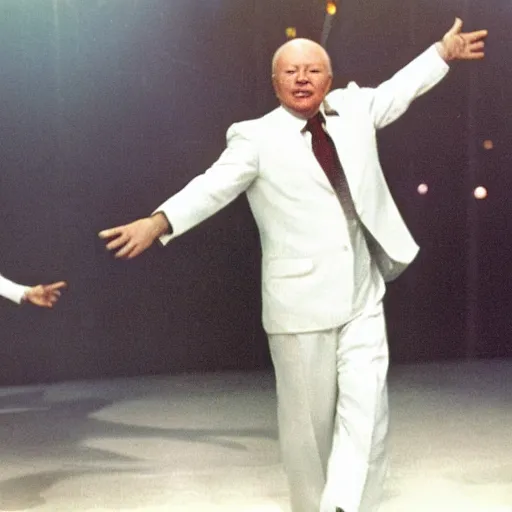 Image similar to A still of Khrushchev wearing a disco suit in Saturday Night Fever