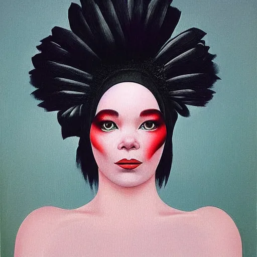 Image similar to very detailed portrait of bjork wearing dramatic makeup. painted by rene magritte, 1 9 2 7. oil on canvas.