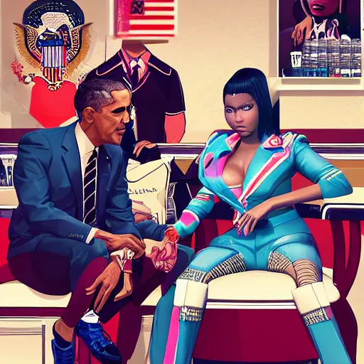 Image similar to nicki minaj sitting next to barack obama in a vintage barbershop in gta v cover art, symmetrical, brownish flat colors, hyper realistic, highly detailed, trending on artstation