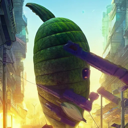 Image similar to Concept Digital Art Highly detailed giant Watermelon warlord protecting Ukrainian city from Orks by Taras Shevchenko and Stephen Hickman and Beeple. Very highly detailed 8K,Pentax 67, Kodak Portra 400 in style of Hiromasa Ogura Ghost in the Shell, the golden ratio, rational painting