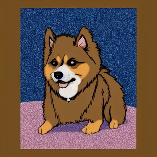 Image similar to excited brown and tan domino finnish lapphund, studio ghibli art style