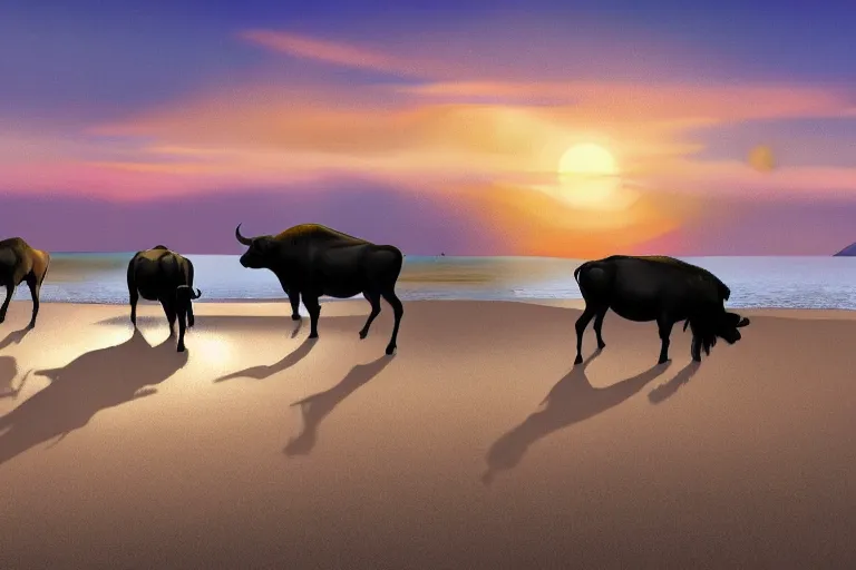 Image similar to concept art, of buffaloes on a beach, sunset, 30mm, canon, very hot, crowded, artstation