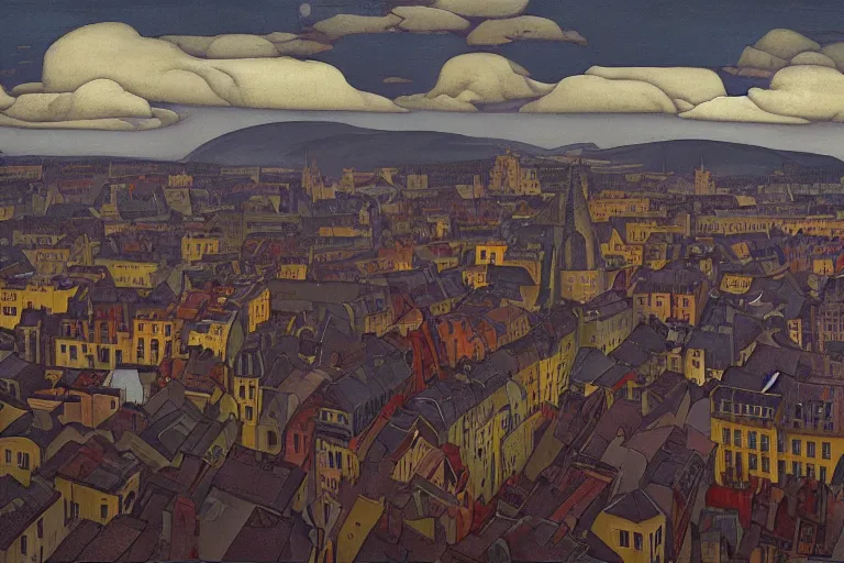 Image similar to view of the old grey city and its winding streets still wet after a storm, tall windows lit up, beautiful ornamental architecture, dramatic cinematic lighting, rich colors, by Nicholas Roerich and William Dyce and ford madox brown and April Gornik and Sylvain Sarrailh and Ludwig Deutsch and Diego Rivera, featured on artstation