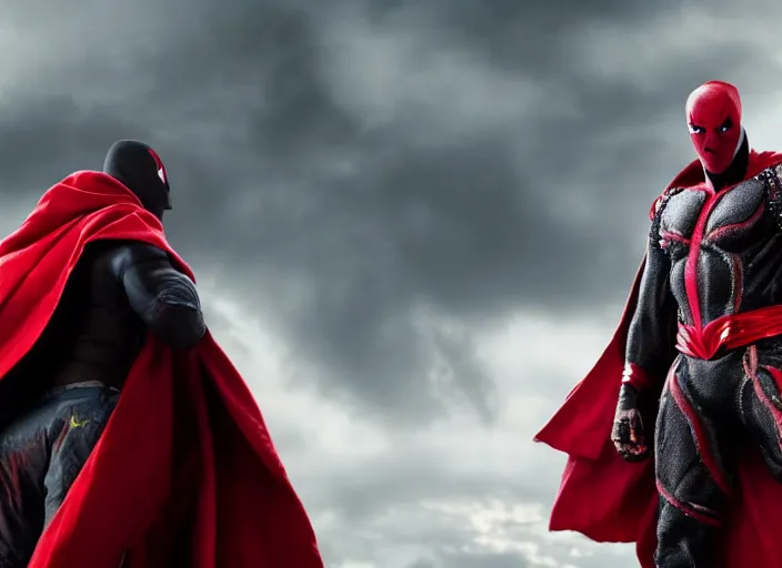 Image similar to film still of michael b jordan as spawn in the new spawn movie, giant chains, large cape, 8 k