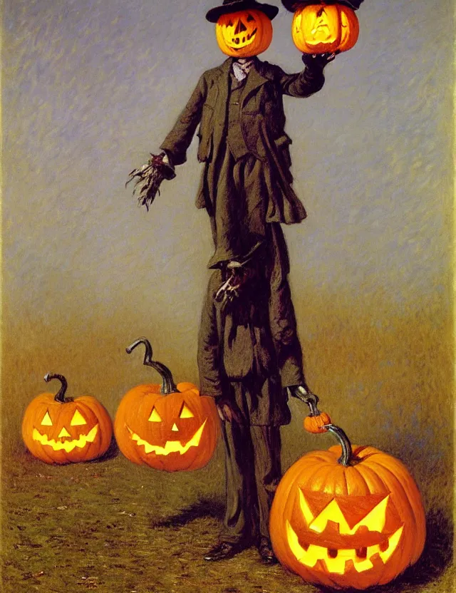 Image similar to a scarecrow with a jack - o - lantern head, holding a lantern, as a matte oil painting and d & d character art, by gustave caillebotte, standing, fullbody, flying bats, loose pages, concept art, award - winning, extremely detailed, sharp focus