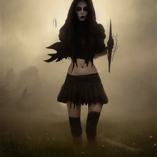 Prompt: kerli koiv the craft mini skirt crop top standing in cemetery, gothic, darkwave, darksynth, concept art, sharp, digital matte painting, art by greg rutkowski, wlop, dramatic lighting, trending on artstation