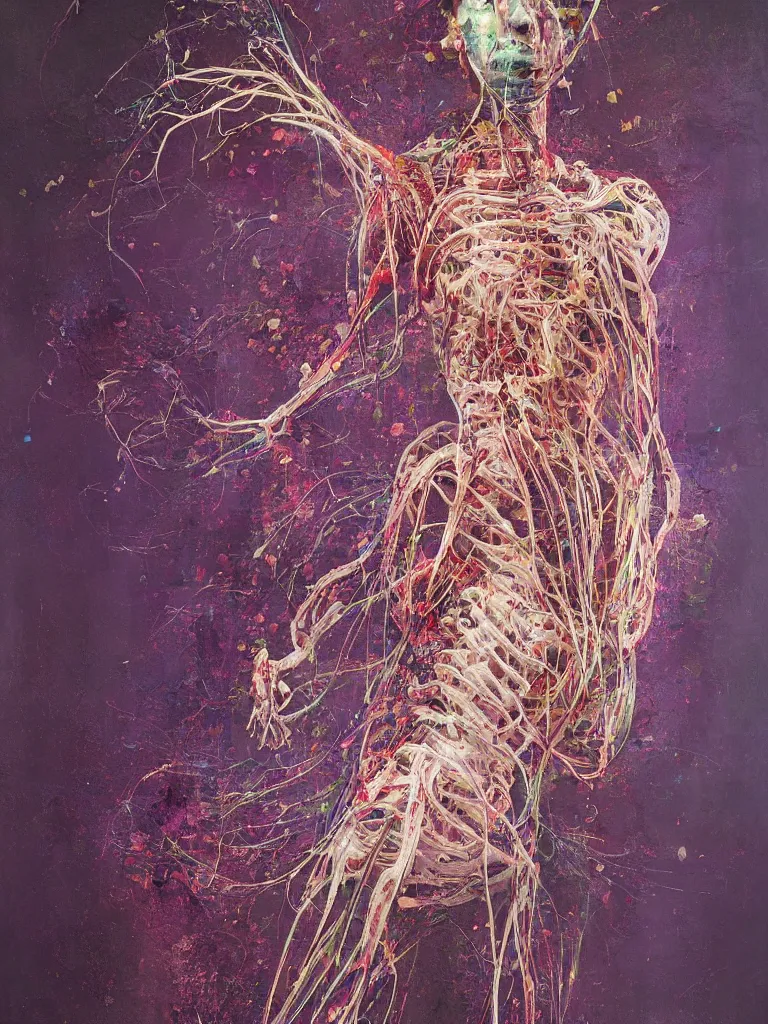 Prompt: a beautiful glitched painting by robert proch of a glitched anatomy study of the human nervous system, color bleeding, pixel sorting, copper oxide material, brushstrokes by jeremy mann, studio lighting, pastel purple background, square glitches