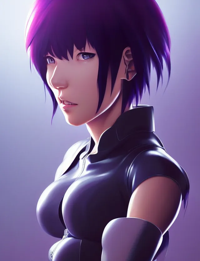 Image similar to a fullbody portrait of motoko kusanagi the major ghost in the shell : : stand alone complex, under repairs, maintenance : : by ilya kuvshinov, rossdraws, artgerm, sola digital arts, anti aliasing, raytracing : :