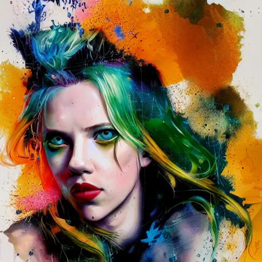 Image similar to drunken scarlett johansson as delirium from sandman, ( hallucinating colorful soap bubbles ), by jeremy mann, by sandra chevrier, by dave mckean and richard avedon and maciej kuciara, punk rock, tank girl, high detailed, green eye and blue eye, 8 k