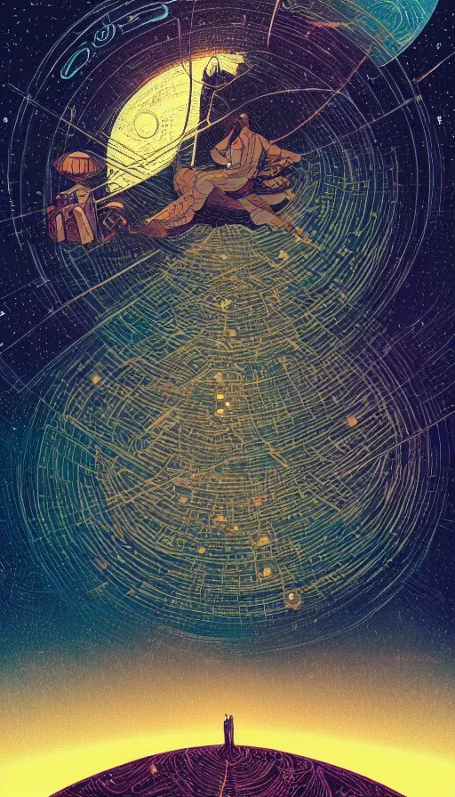 Prompt: the oracle of ancient storytellers floating on starlit cosmic cloudscape, futurism, dan mumford, victo ngai, kilian eng, da vinci, josan gonzalez