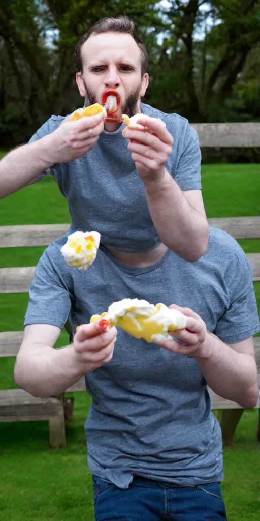 Image similar to colour photograph of a 3 0 year old british man eating ice cream at the park