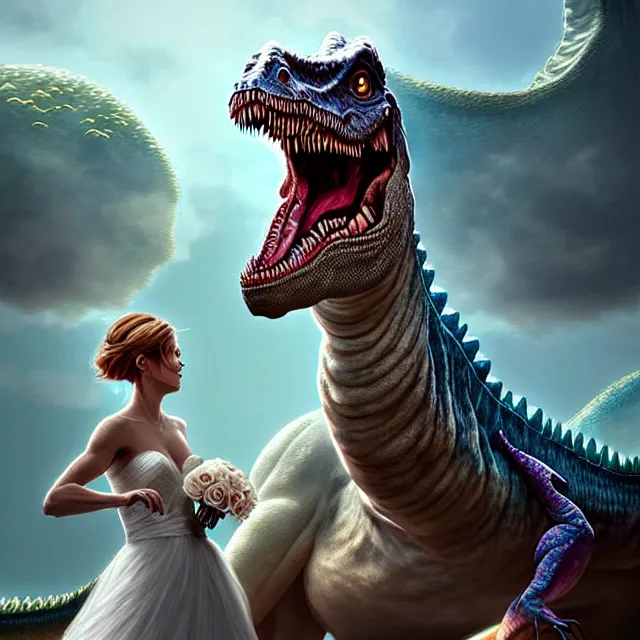 Image similar to epic professional digital art of 👰‍♀️🦖,best on artstation, cgsociety, wlop, Behance, pixiv, astonishing, impressive, outstanding, epic, cinematic, stunning, gorgeous, much detail, much wow, masterpiece.