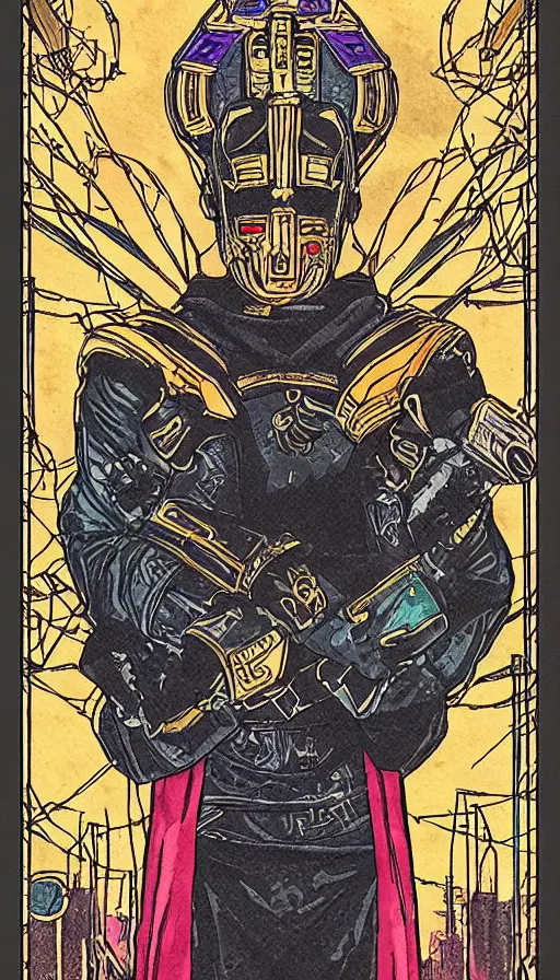 Image similar to a tarot card of the emperor, cyberpunk themed art, concept art