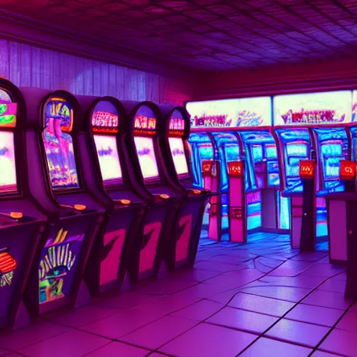 Prompt: inside an arcade, vaporwave 9 0 s dreamy empty, highly detailed, 3 d render, vray, octane, realistic lighting, photorealistic
