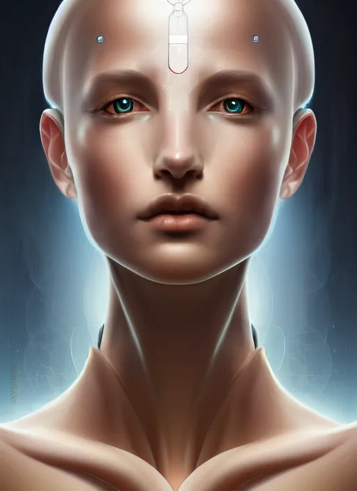 Image similar to symmetry, portrait of female android, intricate, elegant, highly detailed, digital painting, artstation, concept art, smooth, sharp focus, illustration, art by fra angelico and greg ruthkowski