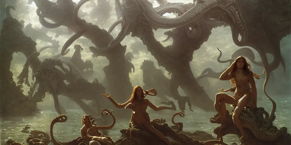 Prompt: Fantasy fairytale story, Great Leviathan Turtle, cephalopod, Cthulhu Squid, Mysterious Island, center Universe, accompany hybrid, Mystical, Anubis Warrior Boy, Reptilian Cyborg, Atlantean, intense fantasy atmospheric lighting, hyperrealistic, William-Adolphe Bouguereau, François Boucher, Jessica Rossier, Michael Cheval, michael whelan, Cozy, hot springs hidden Cave, Forest, candlelight, natural light, lush plants and flowers, Spectacular Mountains, bright clouds, luminous stellar sky, outer worlds, Golden dapple lighting, Solar Flare Unreal Engine, HD,