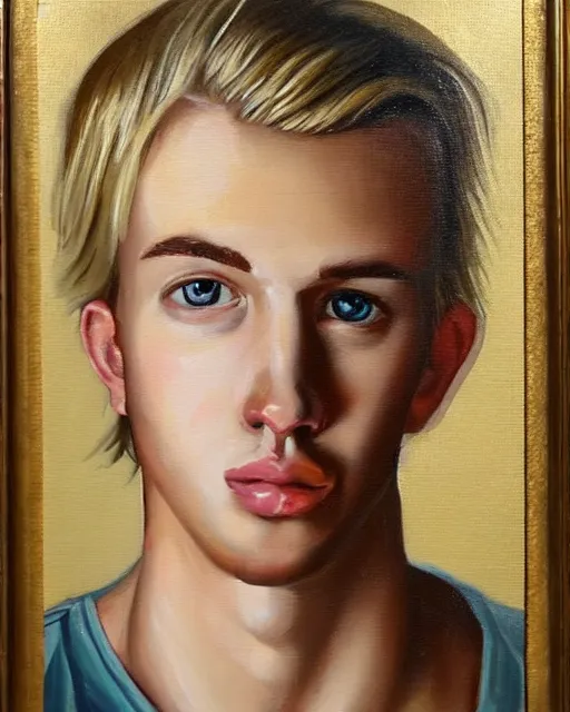 Prompt: awkward cute blond man who is awkward and is also awkward, feminine man, handsome and attractive, cute face, thin, short, very detailed oil painting, oil on canvas