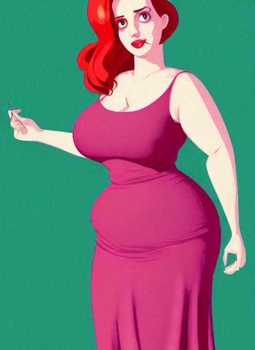 Image similar to full body portrait of teenage cheryl blossom, obese, bangs, green eyes, sultry, realistic, red hair, sultry smirk, wavy hair, pink skirt, fat, intricate, elegant, glowing lights, highly detailed, digital painting, artstation, concept art, smooth, sharp focus, illustration, art by wlop, mars ravelo and greg rutkowski