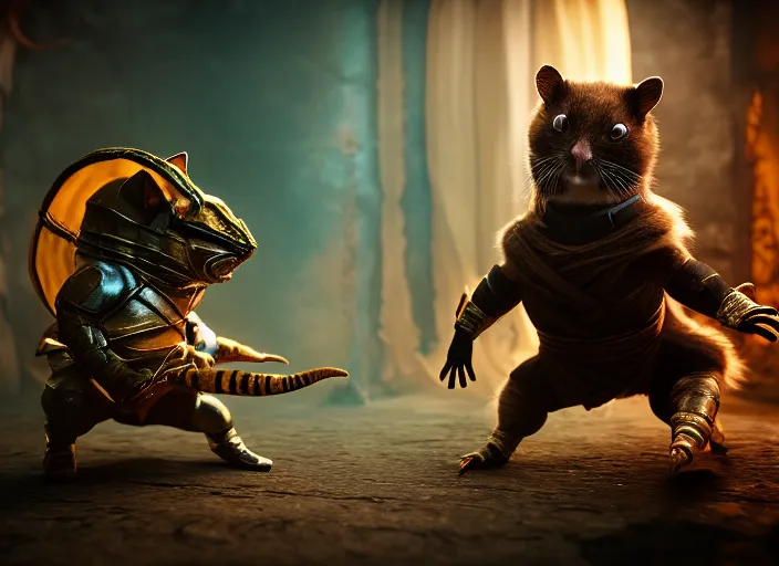 Image similar to hamster dressed as sub zero fights a cat dressed as scorpion in mortal kombat on the background of a laughing shao khan. fantasy magic style. highly detailed 8 k. intricate. lifelike. soft light. sony a 7 r iv 5 5 mm. unreal engine with nanite and path tracing