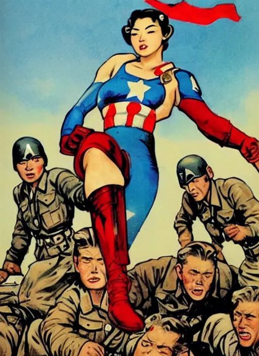 Image similar to beautiful asian female captain america standing on a pile of defeated, beaten and broken german soldiers. feminist captain america wins wwii. american wwii propaganda poster by james gurney. gorgeous face. overwatch