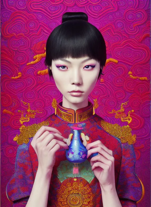 Image similar to pretty chinese model with hallucination mushroom : : by martine johanna and simon stalenhag and chie yoshii and casey weldon and wlop : : ornate, dynamic, particulate, rich colors, intricate, elegant, highly detailed, centered, vogue, harper's bazaar, fashion magazine, smooth, sharp focus, octane render, 8 k