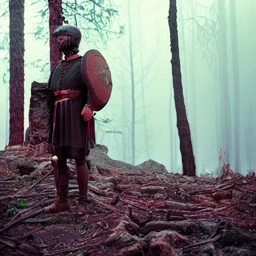 Image similar to close up kodak portra 4 0 0 photograph of a roman legimeer after the battle standing in dark forest, moody lighting, telephoto, 9 0 s vibe, blurry background, vaporwave colors, faded