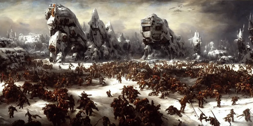 Image similar to the battle of hoth painted by jan matejko. oil on canvas, sharp focus, cinematic atmosphere, detailed and intricate, perfect anatomy, detailed and intricate environment and characters