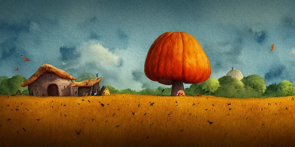 Prompt: epic illustration, incredible wide screenshot, ultrawide, simple watercolor, rough paper texture, autumn, house that is a mushroom, pumpkin patch, rustic, folk, haybales, moss, crows, scarecrow, realism, pale beige sky, texture, brown mud, dust, backlit distant shot a scenic environment by Anton Fadeev