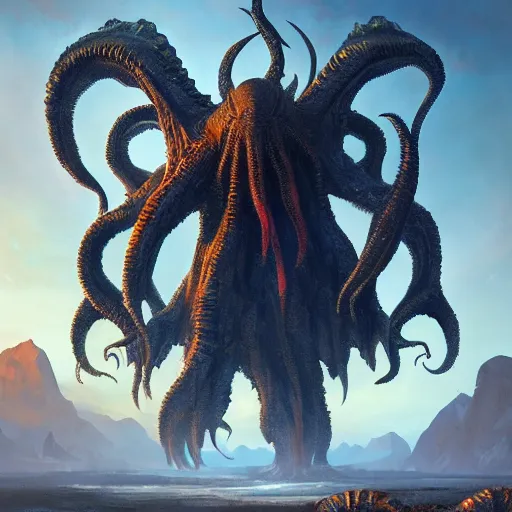 Image similar to gigantic cthulhu, small village for size comparison, dramatic light, painted by stanley lau, painted by greg rutkowski, painted by stanley artgerm, digital art, trending on artstation