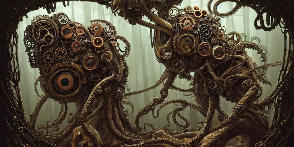 Image similar to biomechanical steampunk creature with robotic parts and big octopus head and (glowing) eyes guarding an ancient chest in a mystic forest, gothic and baroque, brutalist architecture, ultradetailed, creepy ambiance, artgerm, giger, Intricate by Ellen Jewett and Josan Gonzalez and Giuseppe Arcimboldo