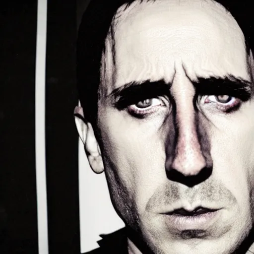 Image similar to Trent Reznor glaring at you, cctv footage, red glowing eyes