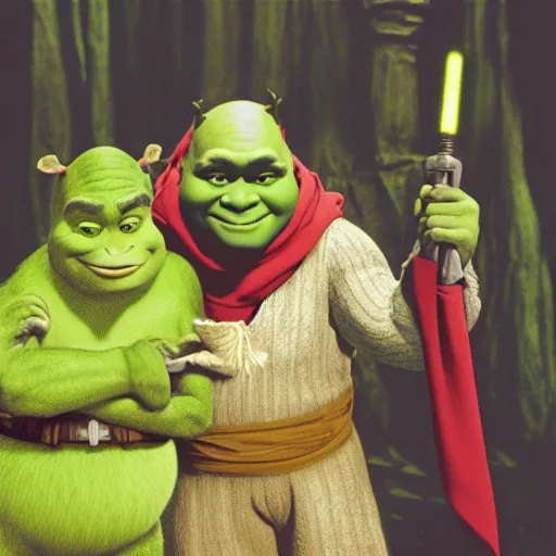 Image similar to A vintage photo of Shrek wearing Jedi robes, foggy, portrait