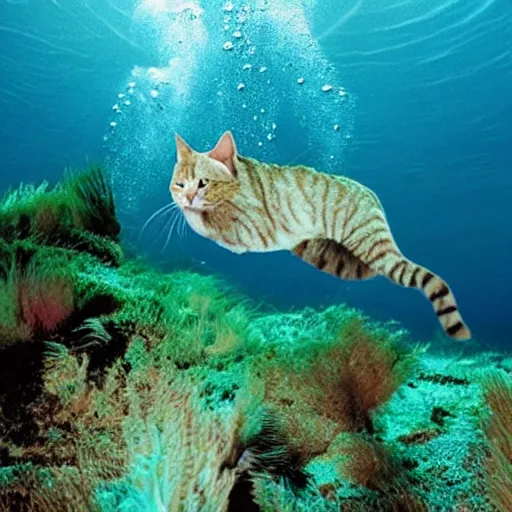Image similar to high quality underwater photo of a cat scuba diver wearing norkel mask