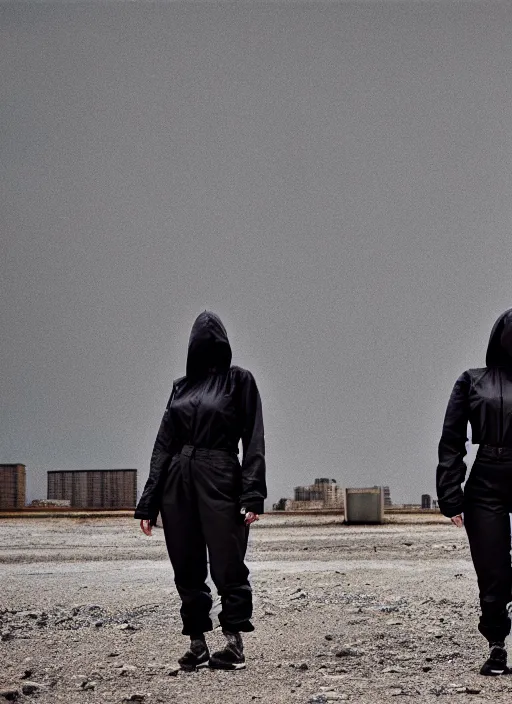 Image similar to cinestill 5 0 d photographic portrait of two clones, techwear women on a desolate plain, a brutalist metal building in the background, depth of field, 4 k, 8 k, hd, full color