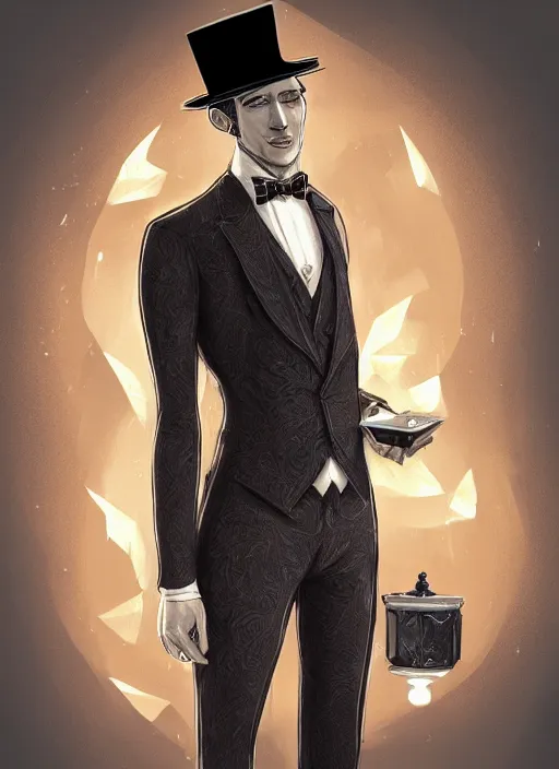 Image similar to a highly detailed illustration of stylish top hat wearing red haired attractive man, wearing suit vest, flashy card trick pose, intricate, elegant, highly detailed, centered, digital painting, artstation, concept art, smooth, sharp focus, league of legends concept art, WLOP