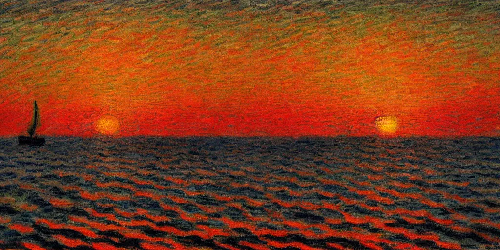 Image similar to An aesthetically pleasing, dynamic, energetic, lively, well-designed digital art of a sunset, beach, ship on horizon, light and shadow, caustics, by Claude Monet, superior quality, masterpiece, excellent use of negative space.