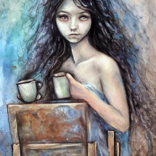 Image similar to painting in the style of lois royo of a single young girl, alone, with no one else around, sitting alone on her throne, drinking coffee. she has long dark hair, blue eyes, two arms, two legs, one torso and one head.