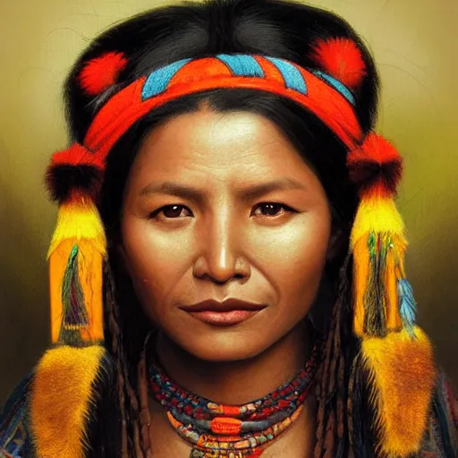 Prompt: portrait of an inca woman ( 3 5 ) from mesoamerica, an oil painting by ross tran and thomas kincade