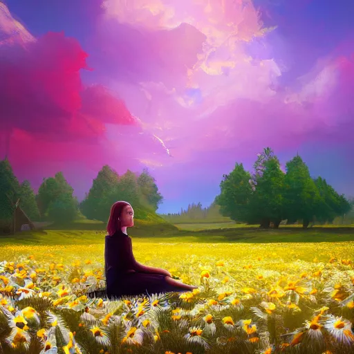 Image similar to giant daisies flower as head, girl sitting in a flower field, surreal photography, sunrise, dramatic light, impressionist painting, colorful clouds, digital painting, artstation, simon stalenhag