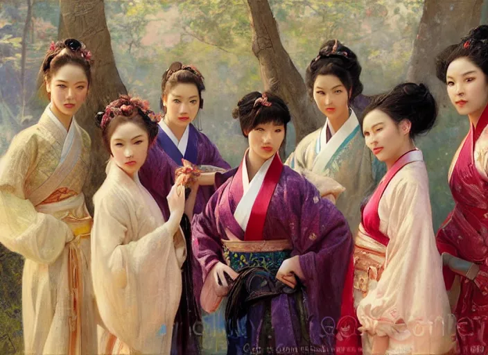 Prompt: detailed group portrait of blackpink wearing hanfu, natural light, painting by gaston bussiere, craig mullins, j. c. leyendecker