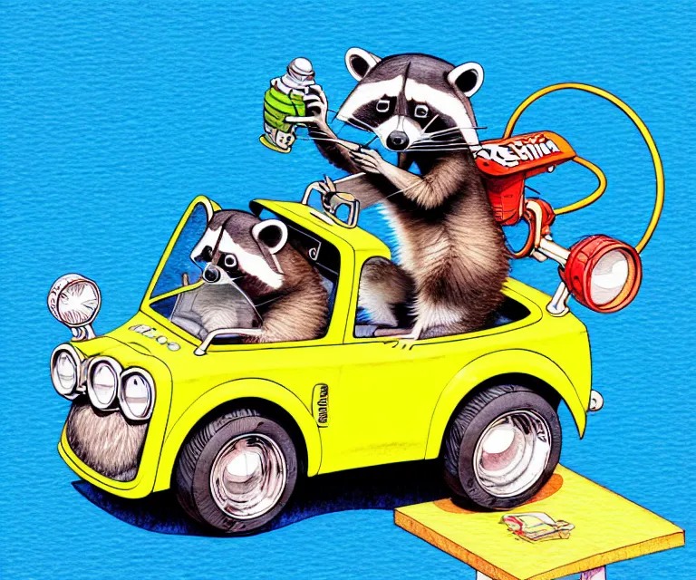 Prompt: cute and funny, racoon wearing a helmet riding in a tiny hot rod with oversized engine, ratfink style by ed roth, centered award winning watercolor pen illustration, isometric illustration by chihiro iwasaki, edited by range murata, tiny details by artgerm and watercolor girl, symmetrically isometrically centered, focused