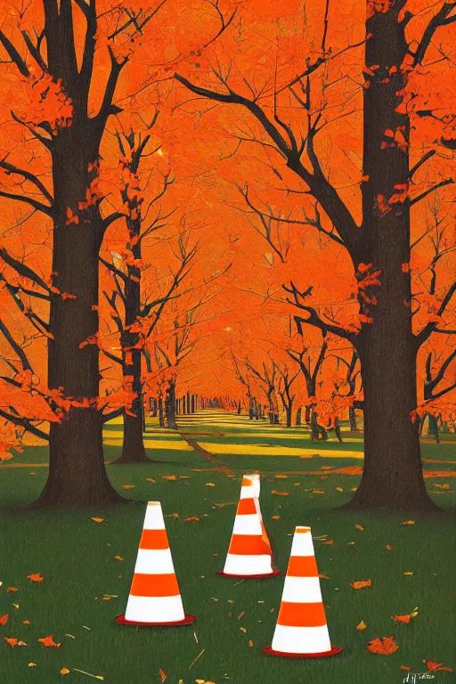 Prompt: painting of safety cones scattered around an oak tree forest, by james jean by ilya kuvshinov kintsugi
