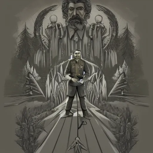 Prompt: superb digital illustration of stalin as a witcher, silver hammer and sickle as weapons, faces against spectres in the enchanted forest that hide in the fog, full moon, dreamy sequence, macabre spectacle, skeletal figures, solitude, uneasy, octane, unreal 5, cinematic, 8 k uhd, intricate detail, hyperrealist, dark fantasy mixed with socialist realism, concept art